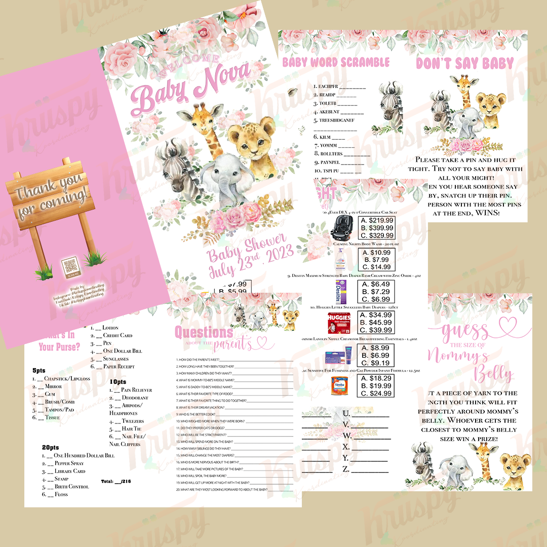 Safari (Girl) Baby Shower Game Booklets